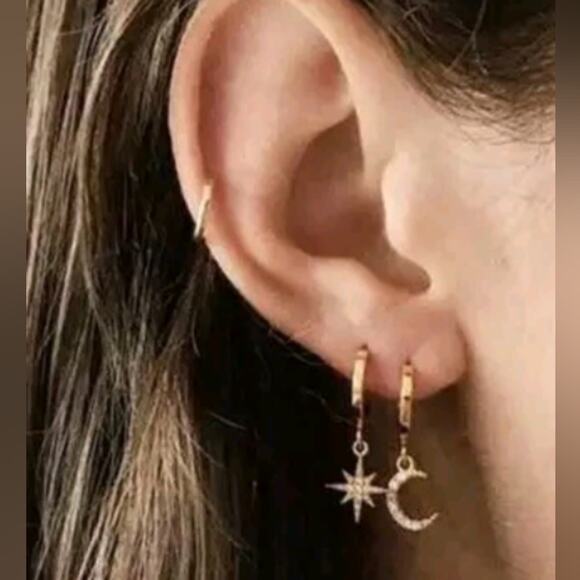 NEW! Celestial Moon & Star Gold + Rhinestone Huggie Hoop Tiny Charm Earrings 5&2 - Picture 13 of 15